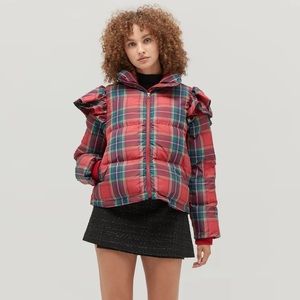 Jill House Red Tartan Ruffle Sleeve Puffer